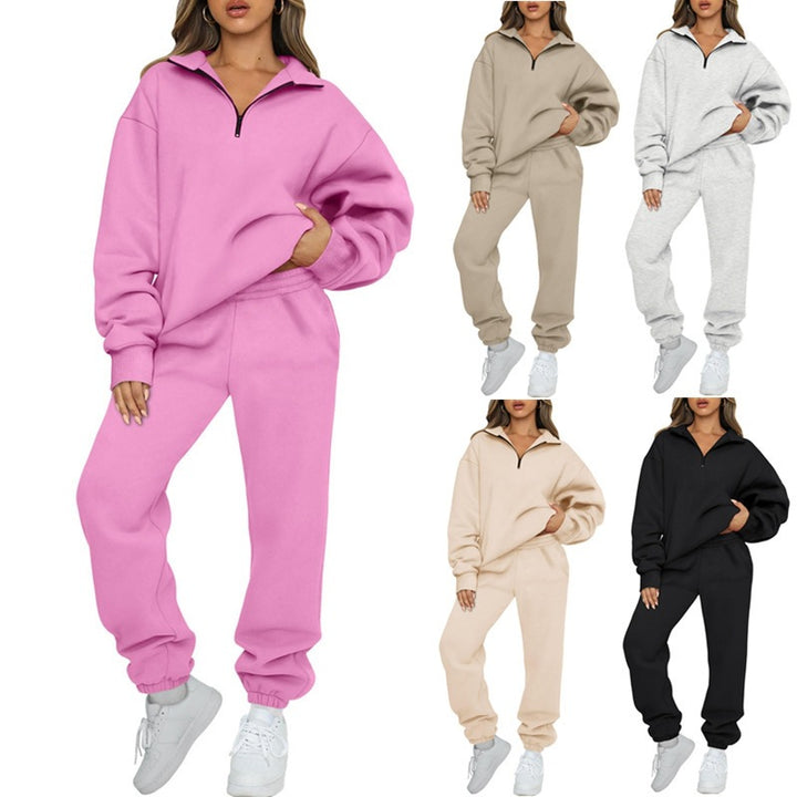 Damen nan Halbzip-Loungewear-Set mit übergroßem Kragenpullover und taillierter Jogginghose mit elastischem Bund Drune