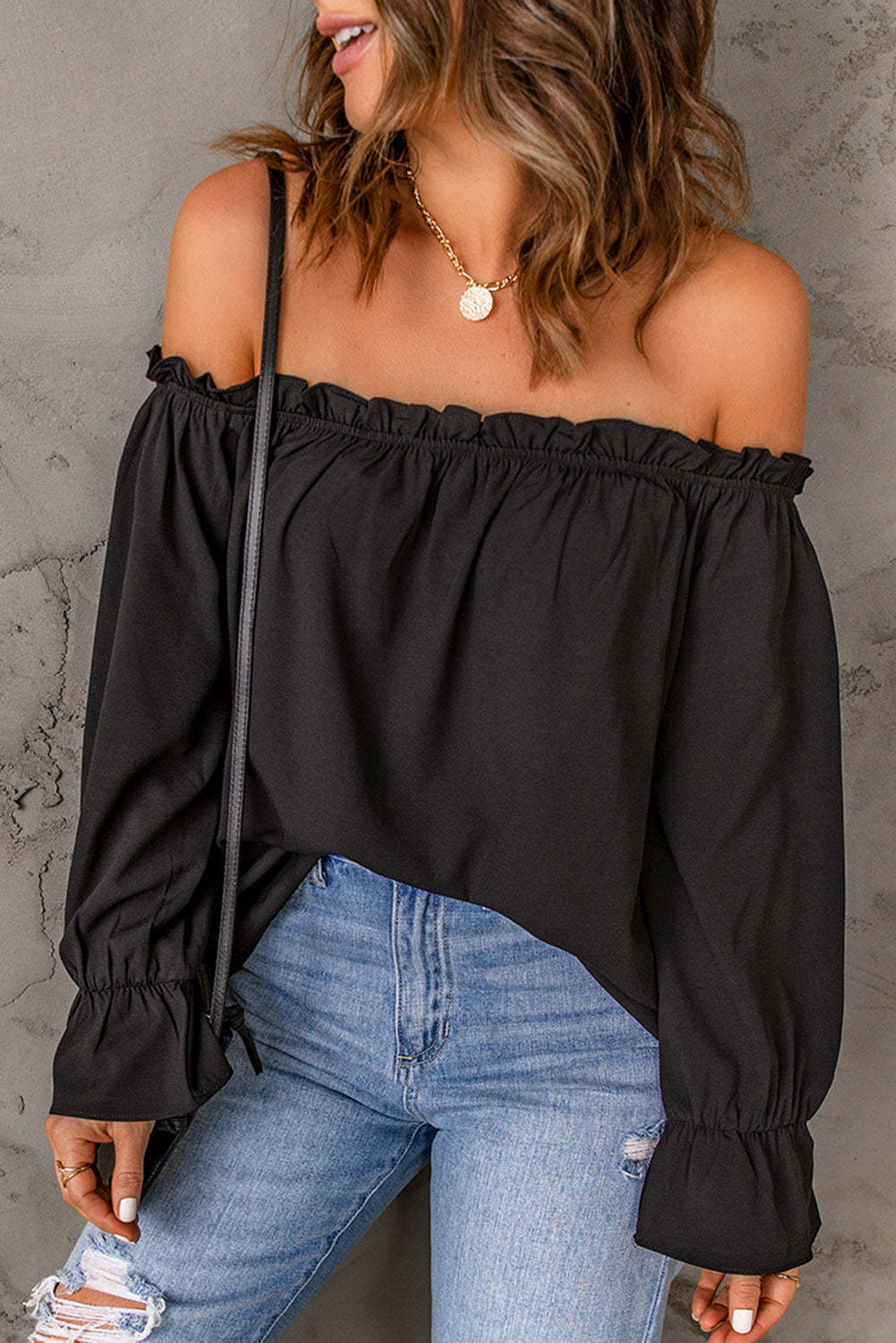 Damen Off-Shoulder Bluse mit Rüschendetails Drune