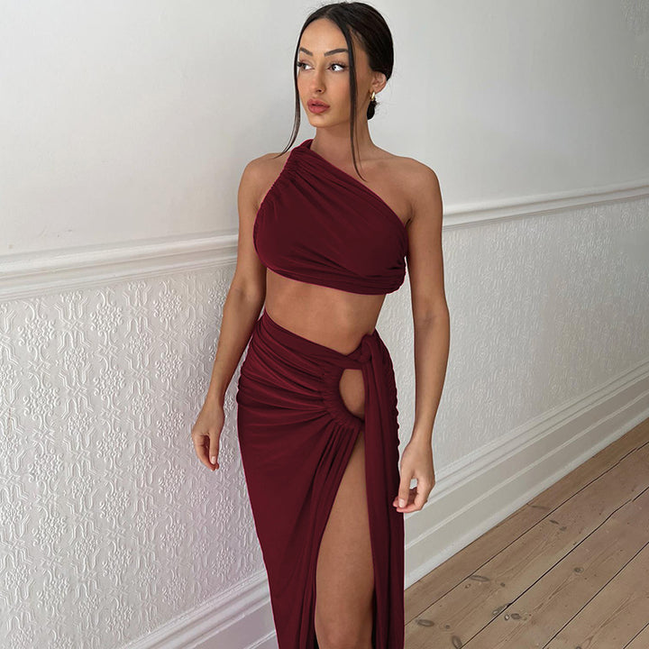 Damen Elegantes Wickelkleid mit einseitigem Schulterdesign Drune