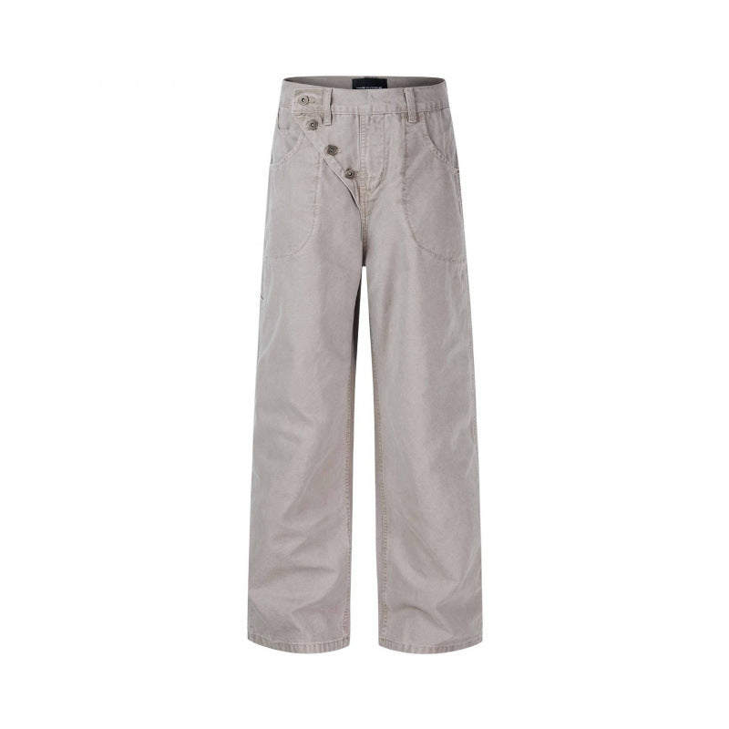 Damen Weite High-Waist-Hose mit asymmetrischer Knopfblende und aufgesetzten Taschen Drune