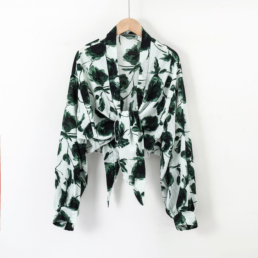 Damen nan florale Knoten-Bluse im Wickelstil mit Ballonärmeln und leichter Leinenoptik Drune