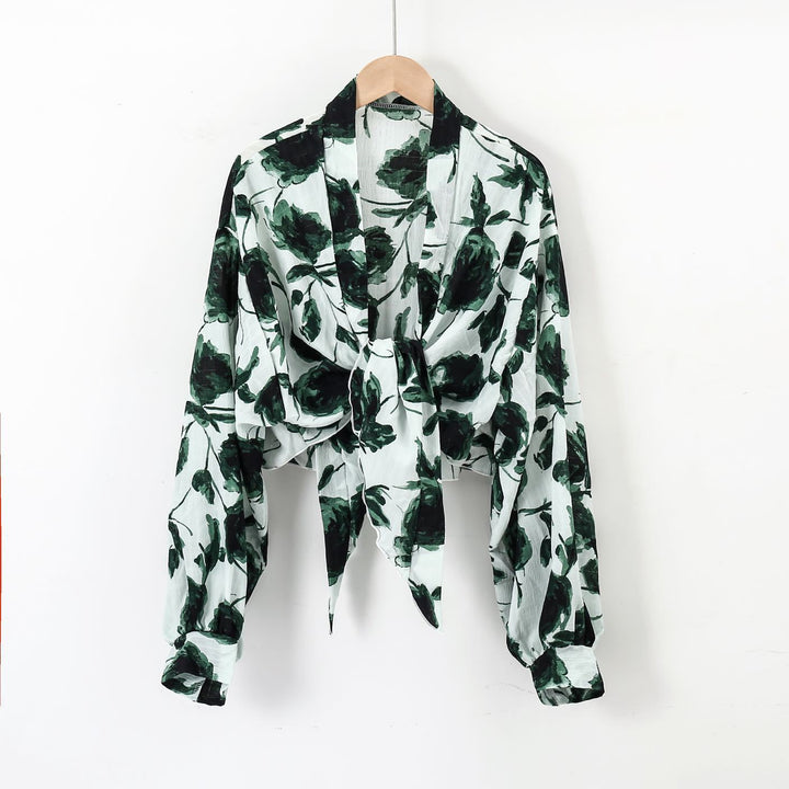 Damen nan florale Knoten-Bluse im Wickelstil mit Ballonärmeln und leichter Leinenoptik Drune