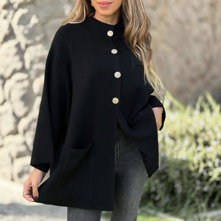 Damen Oversize Cape-Cardigan mit Stehkragen, aufgesetzten Taschen und Zierknöpfen Drune