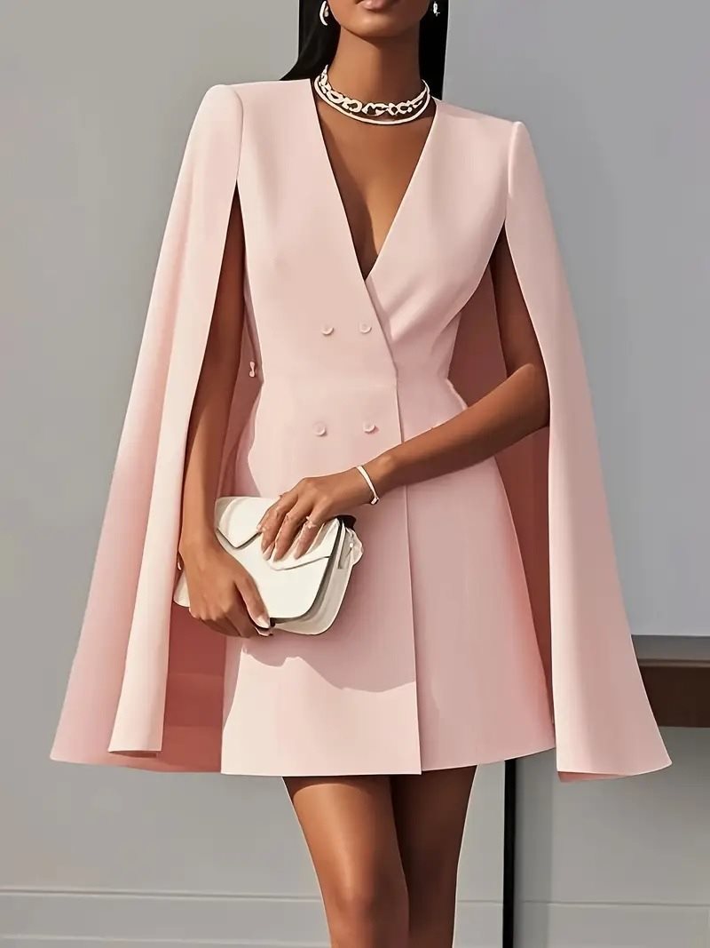 Damen Cape-Blazer-Kleid mit Doppelreihe und tiefem V-Ausschnitt Drune