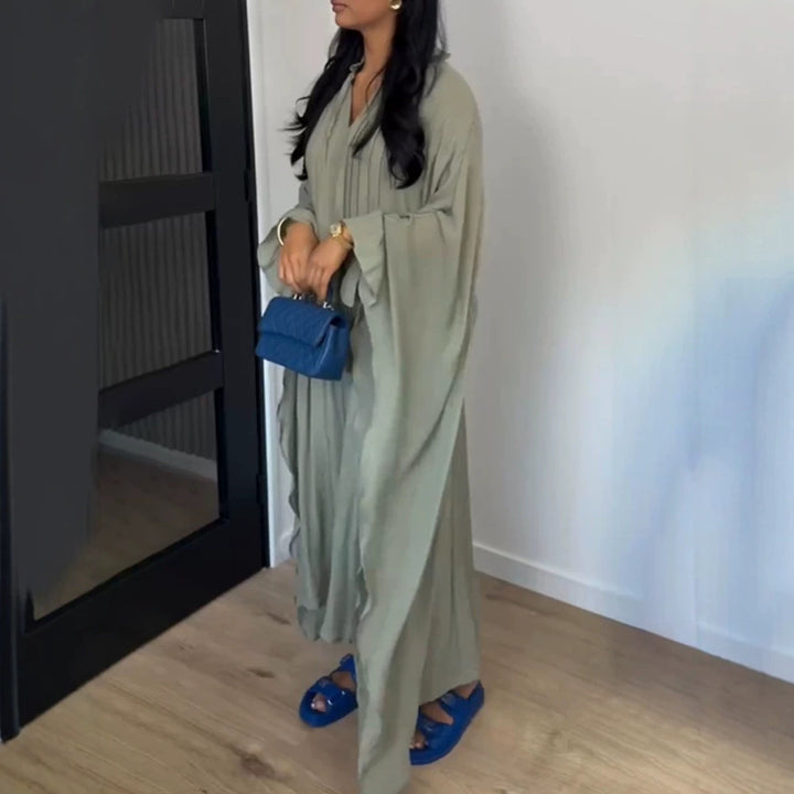 Damen Maxikleid im Kaftan-Stil mit Rüschenkragen, Bindebändern und voluminösen Ärmeln Drune