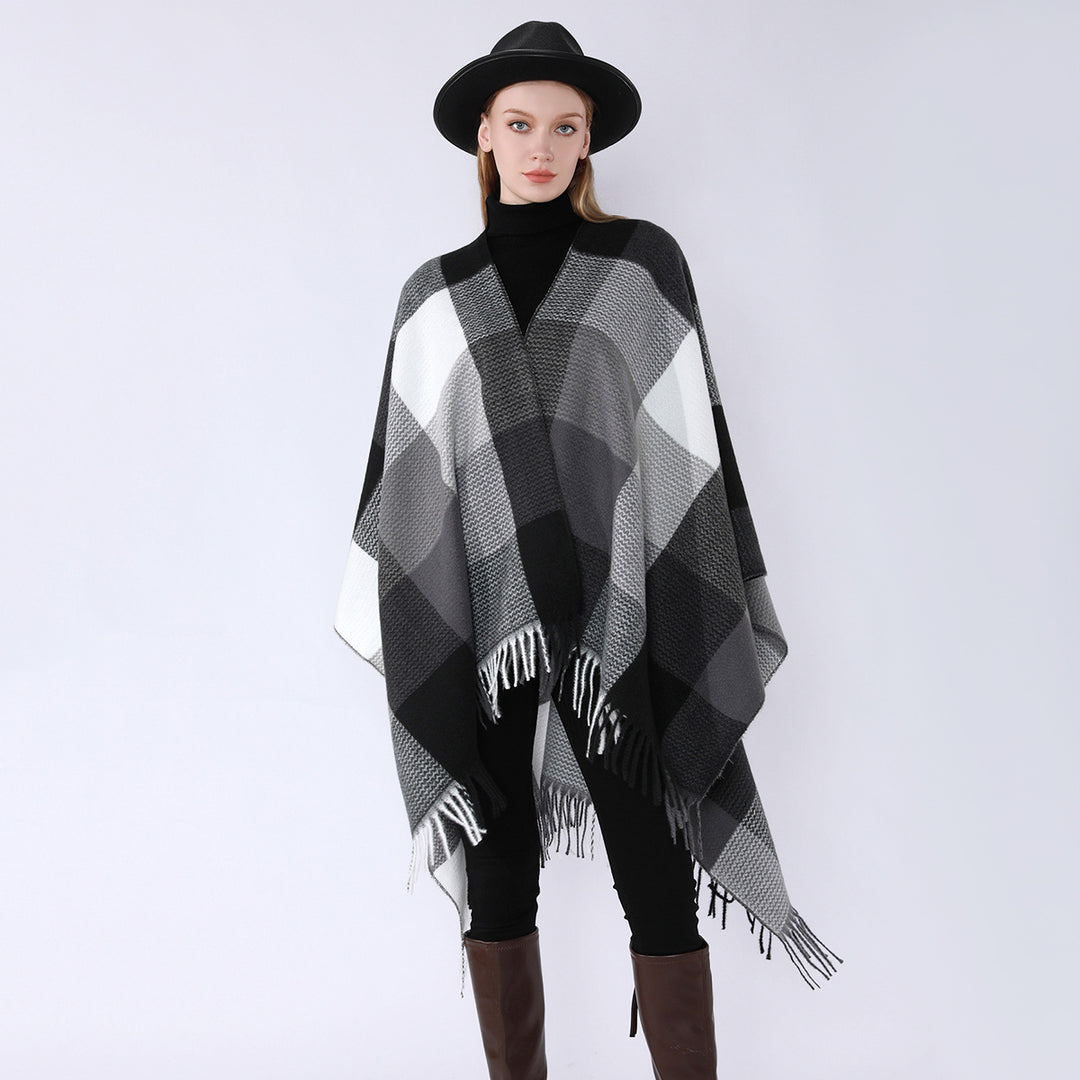 Damen Weichfallender Oversize-Poncho im Plaid-Webmuster mit V-Kragen und Fransensaum Drune