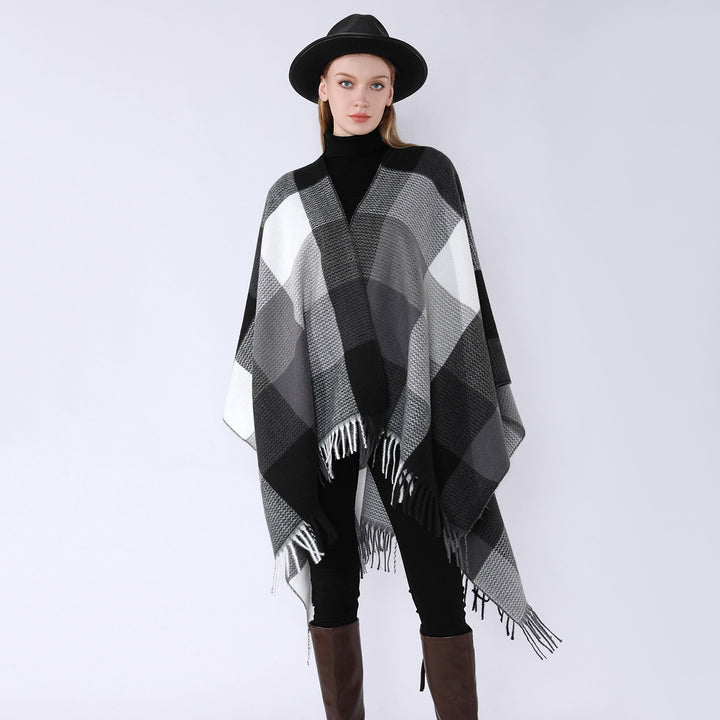 Damen Weichfallender Oversize-Poncho im Plaid-Webmuster mit V-Kragen und Fransensaum Drune