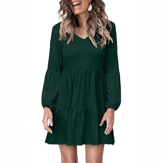 Damen Stufiges Mini-Kleid mit V-Ausschnitt und Ballonärmeln Drune