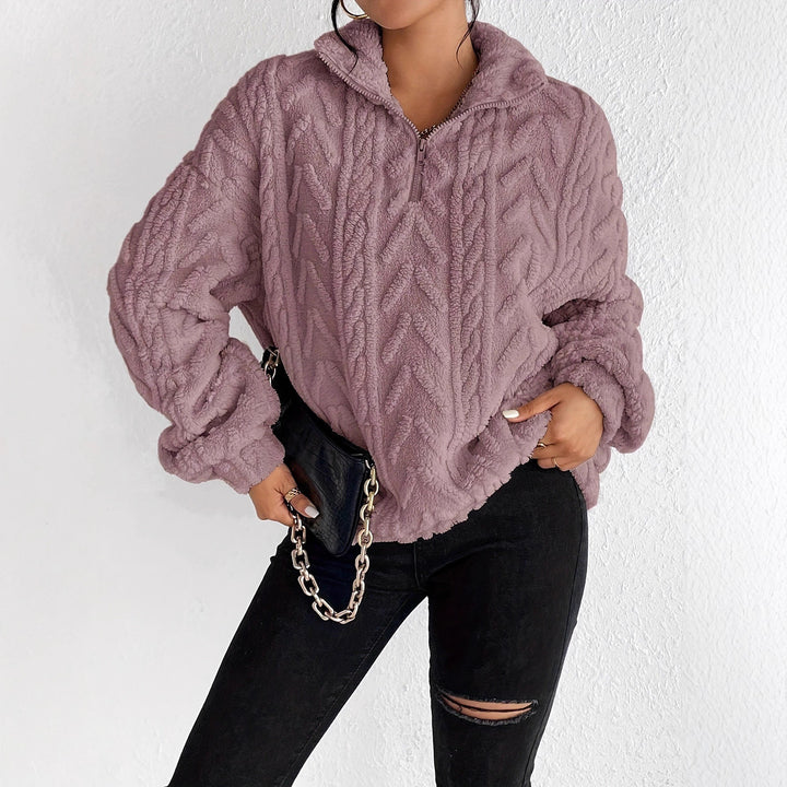 Damen Kuscheliger Fleece-Pullover mit hohem Kragen und Zipper-Detail Drune