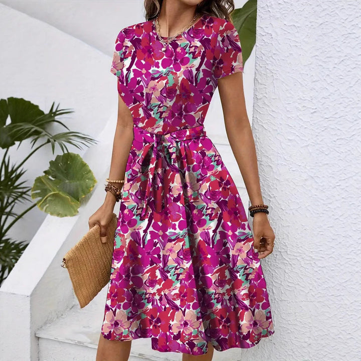 Damen Elegantes Midikleid mit floralem Design und Taillengürtel Drune