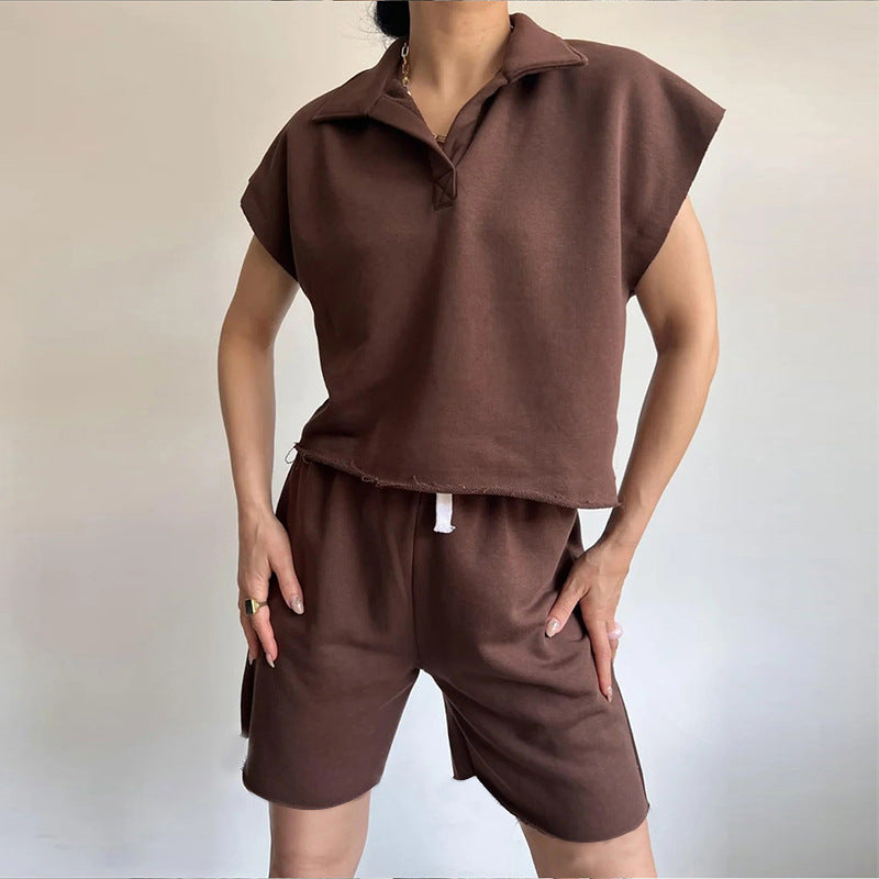 Damen lässiges Poloshirt und kurze Sweatshorts Set Drune