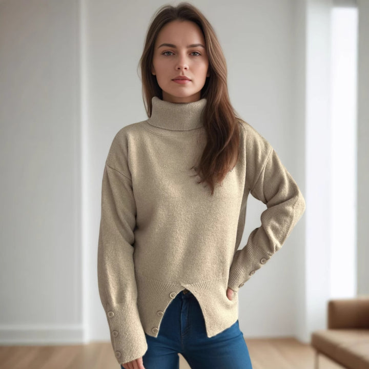 Damen gemütlicher Rollkragenpullover mit Knopfdetails Drune
