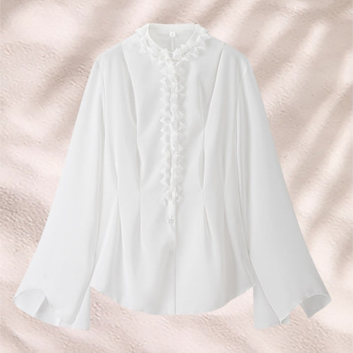 Damen elegante Bluse mit Rüschenkragen und weiten Ärmeln Drune