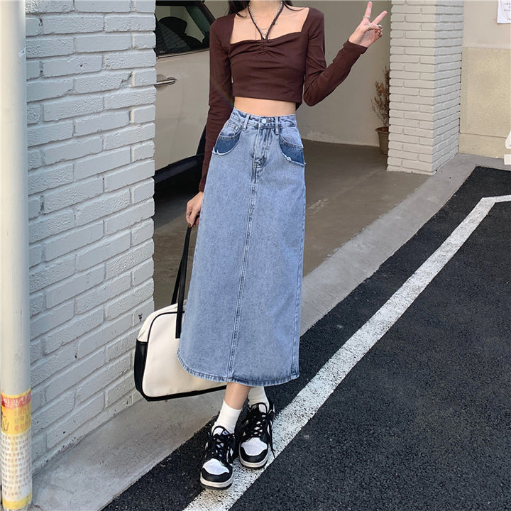 Damen Maxi-Denimrock mit hohem Bund und seitlichem Schlitz Drune