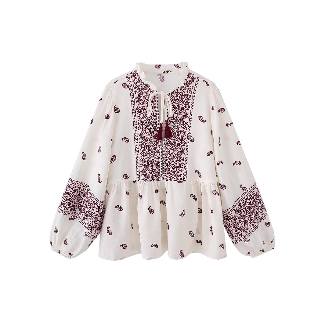 Damen nan boho Paisley Tunika-Bluse mit Quastenbindegürtel und voluminösen Ballonärmeln Drune
