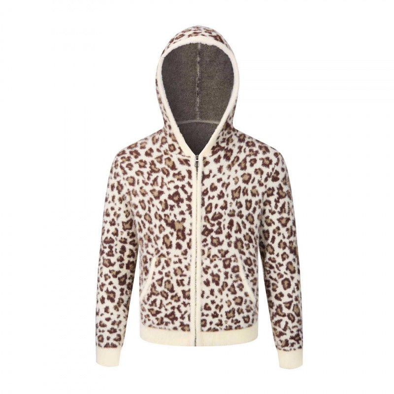 Damen Kapuzen-Fleecejacke aus Teddystoff mit Leopardenmuster und Reißverschluss Drune