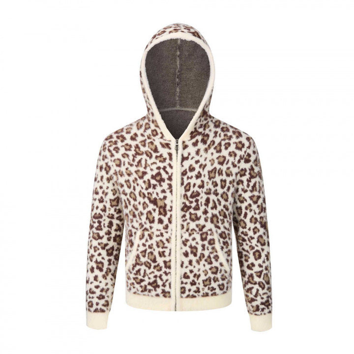 Damen Kapuzen-Fleecejacke aus Teddystoff mit Leopardenmuster und Reißverschluss Drune
