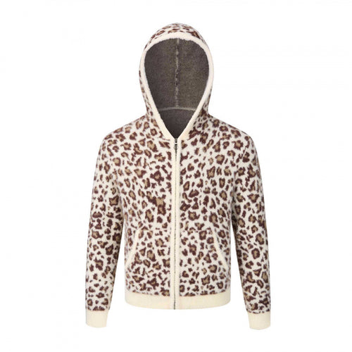 Damen Kapuzen-Fleecejacke aus Teddystoff mit Leopardenmuster und Reißverschluss Drune