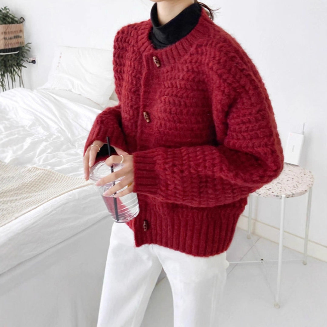 Damen Grobstrickpullover mit dekorativer Knopfleiste und wabenförmigem Muster Drune
