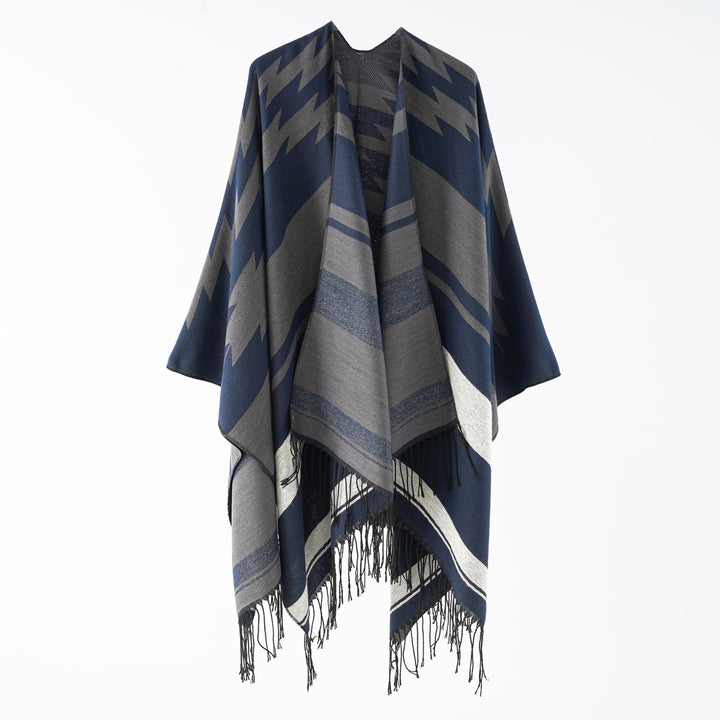 Damen Langer Reversfreier Webponcho im Umhangstil mit dezentem Zackenmuster und Fransensaum Drune