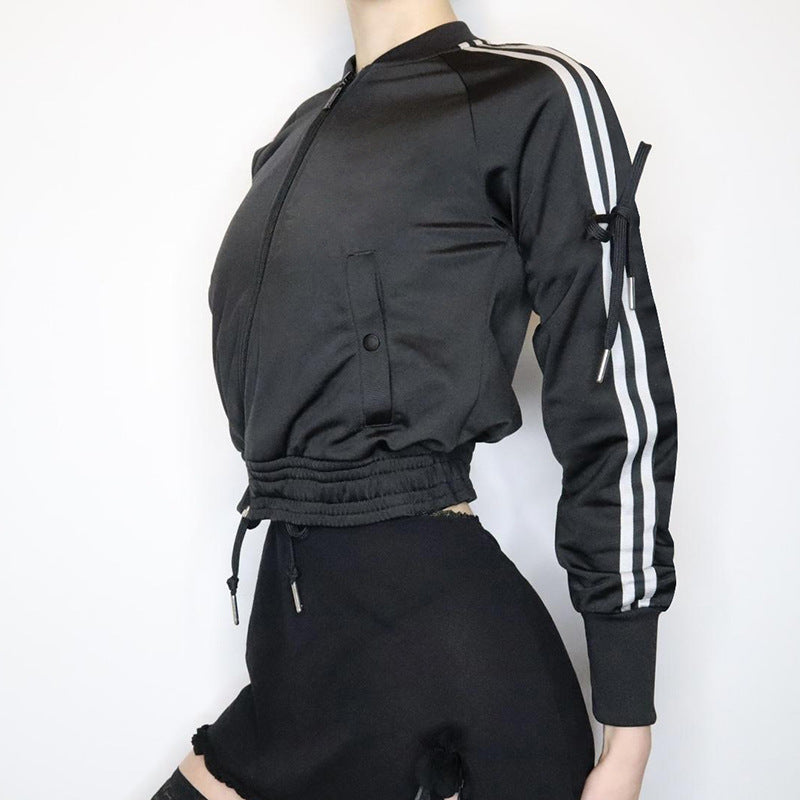 Damen nan sportive Zip-Jacke im Bomberstil mit seitlichen Streifen, Ärmel-Bindebändern und Kordelbund Drune