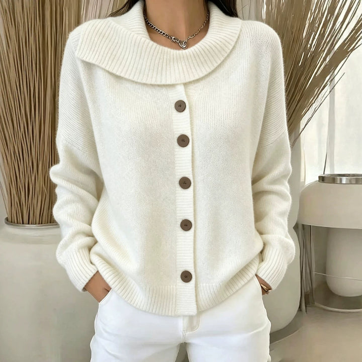 Damen Kuscheliger Knopf-Cardigan mit breitem Rollkragen und gerippten Bündchen Drune