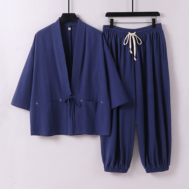 Unisex Lockeres Kimono-Loungewear-Set aus atmungsaktivem Baumwollmix mit Kordelbund und gerafften Knöcheln Drune
