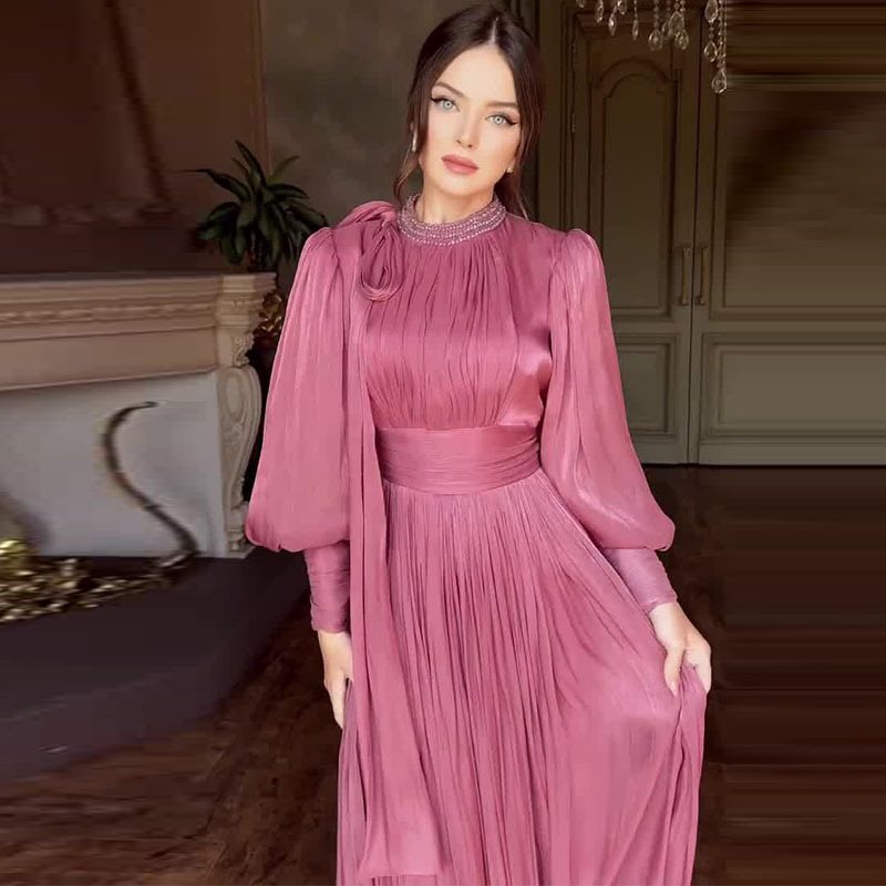 Damen Elegantes Chiffon-Maxikleid mit tailliertem Wickelbund, Stehkragen und langen Puffärmeln Drune