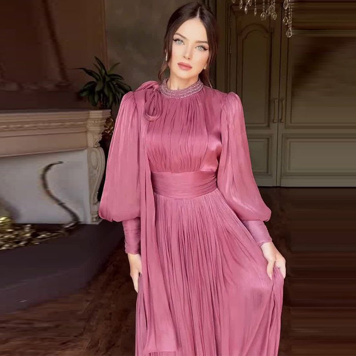 Damen Elegantes Chiffon-Maxikleid mit tailliertem Wickelbund, Stehkragen und langen Puffärmeln Drune