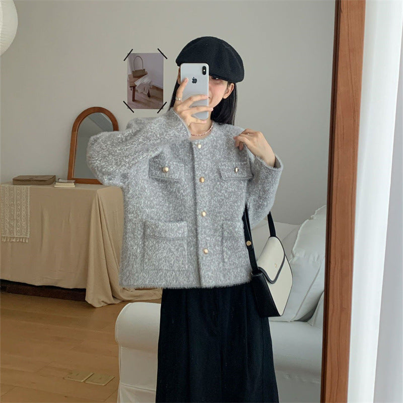 Damen kuschelige Strickjacke mit Perlenknöpfen und praktischen Taschen Drune
