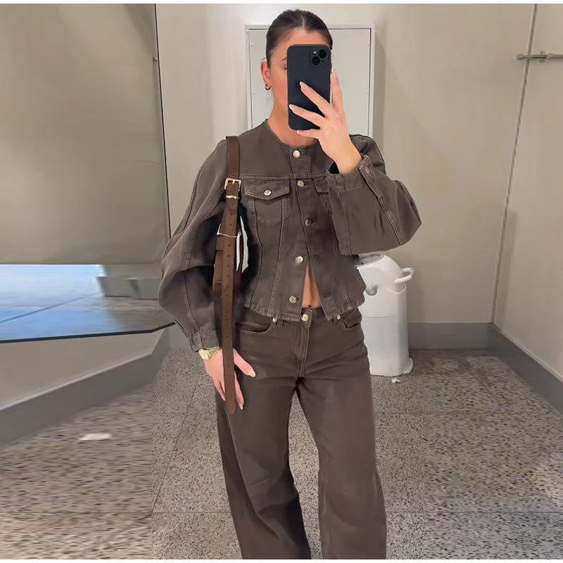 Damen Modische Jeansjacke mit Puffärmeln und dekorativen Knöpfen Drune