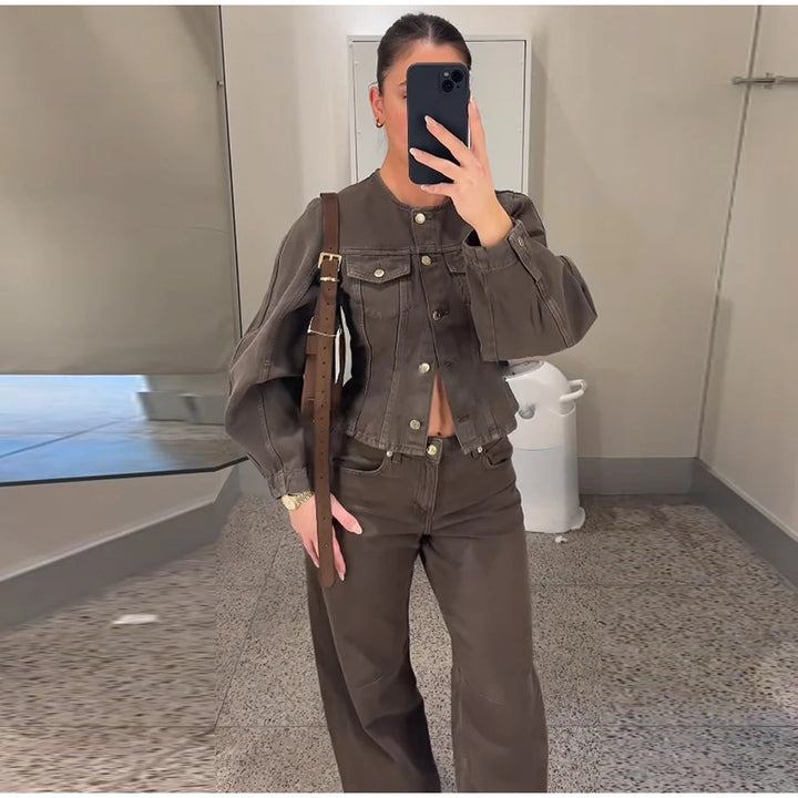 Damen Modische Jeansjacke mit Puffärmeln und dekorativen Knöpfen Drune