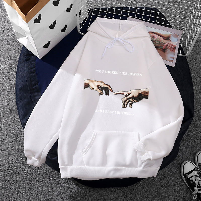 Damen nan Oversize Kapuzenpullover mit Kängurutasche und Renaissance‑Handmotiv, weiches Fleece Innenfutter Drune
