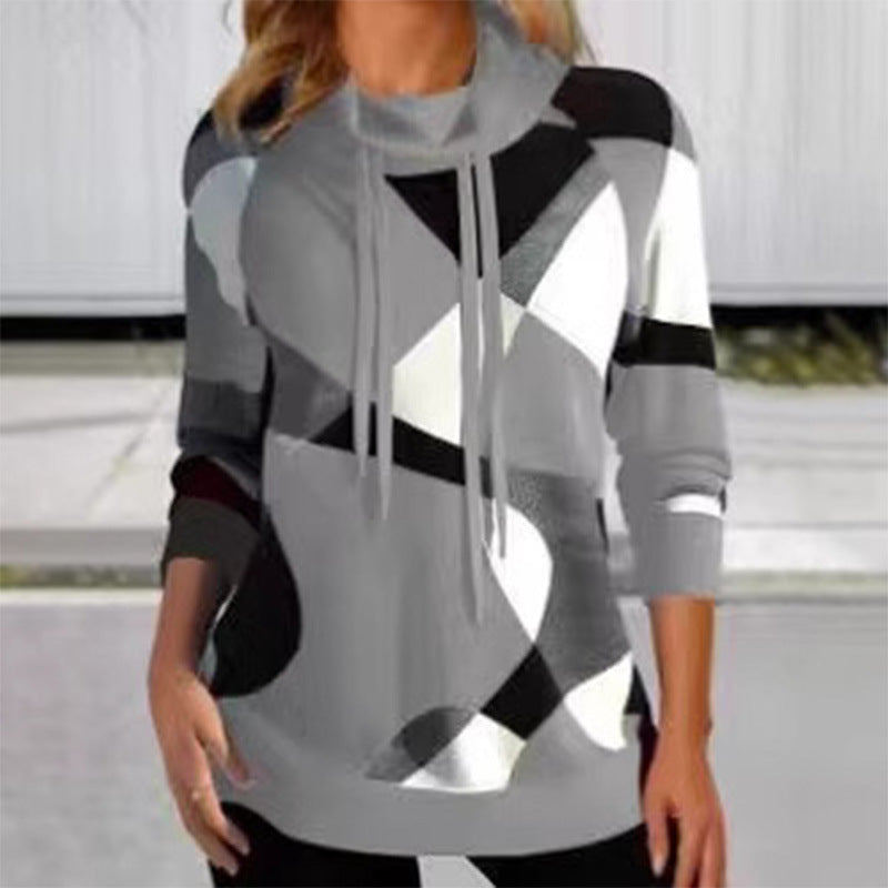 Damen Geometrischer Kapuzenpullover mit Kordelzug, Longline-Schnitt und Seitentaschen Drune