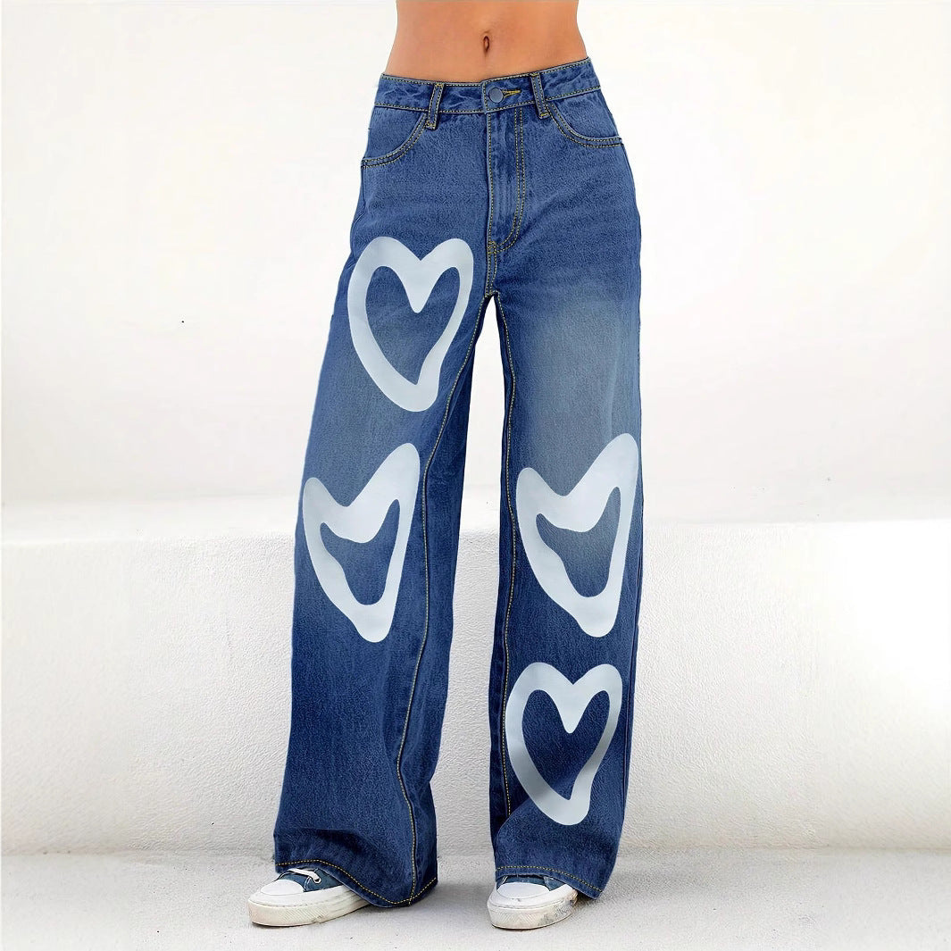 Damen High-Waist Wide-Leg-Jeanshose mit großflächigem Herz-Print Drune