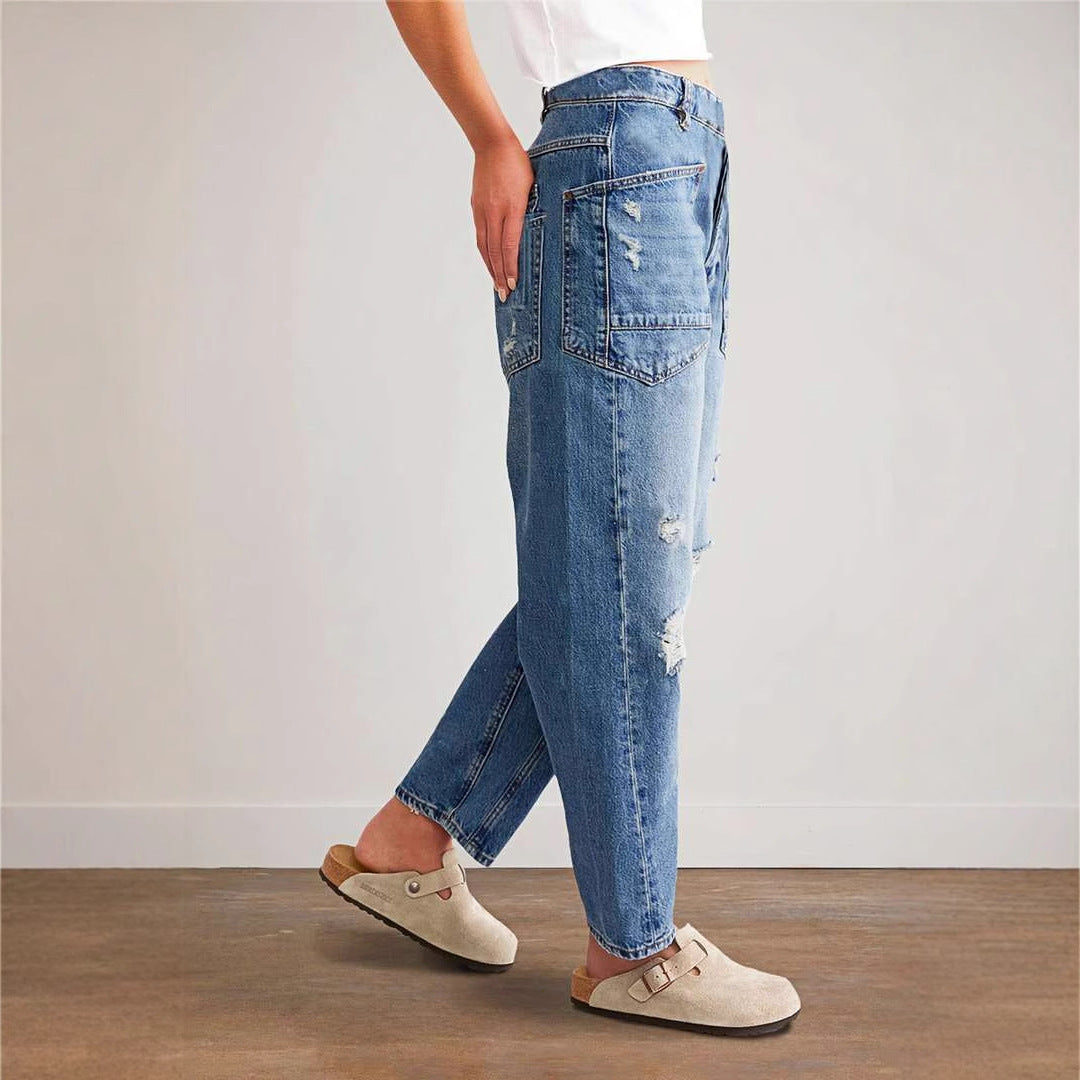 Damen trendige Mom-Jeans mit Distressed-Details und tief sitzendem Schnitt Drune