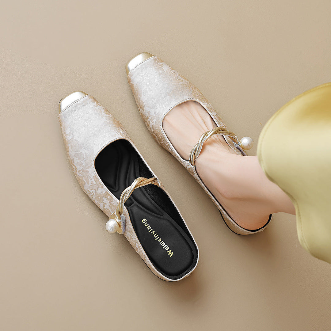 Damen Slingback-Mules mit schimmerndem Stoff und dekorativem Schnallenakzent Drune