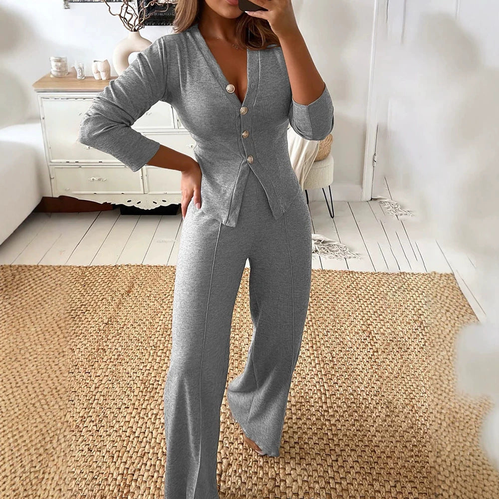 Damen Feines Strick-Set mit tailliertem Knopf-Cardigan und weitem Palazzo-Hose Drune
