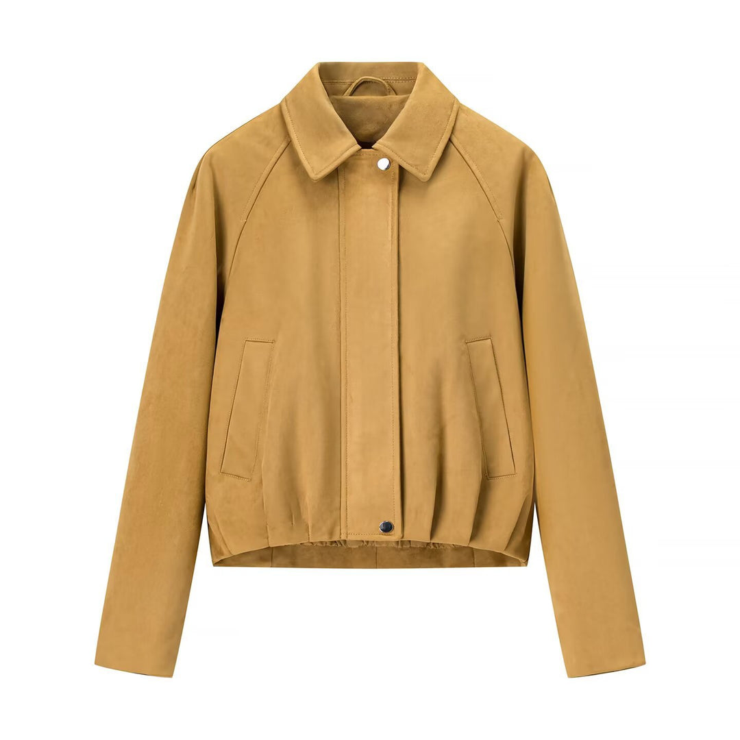 Damen nan kurze Blousonjacke aus Veloursoptik mit Hemdkragen, Raglanärmeln und elastischem Saum Drune