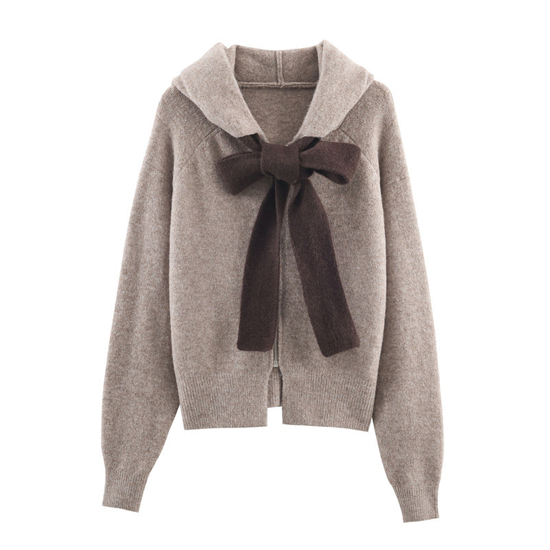Damen modischer Strickpullover mit Kapuze und dekorativem Bindeband Drune