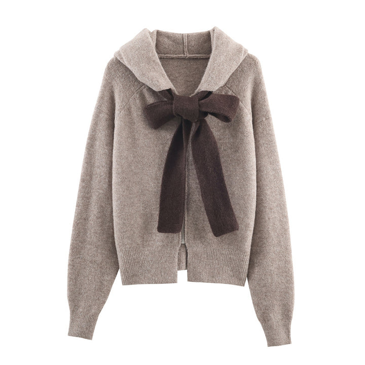 Damen modischer Strickpullover mit Kapuze und dekorativem Bindeband Drune