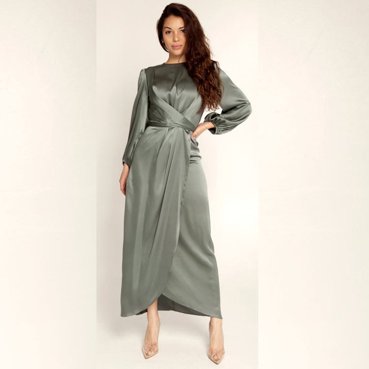 Damen Elegantes Maxikleid aus Satin mit Wickel-Detail, Langarm und Taillenband Drune