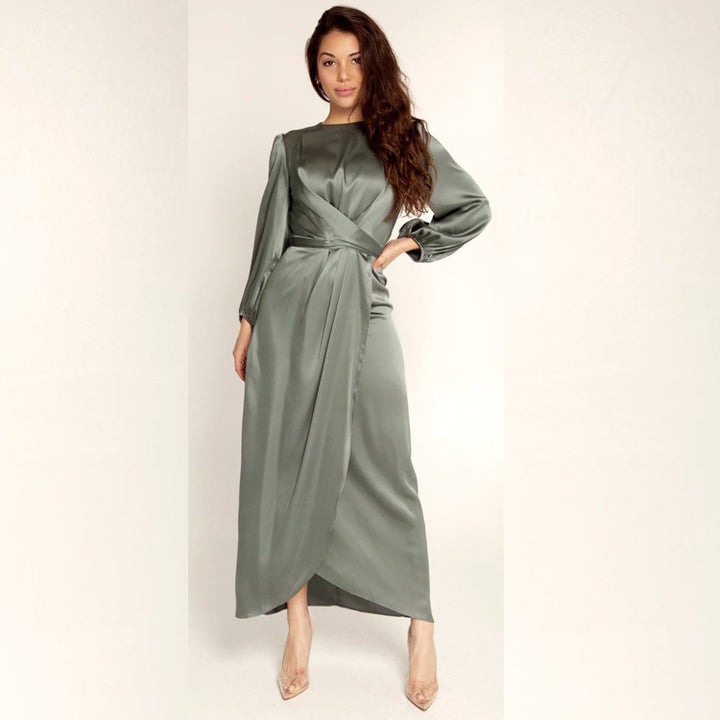 Damen Elegantes Maxikleid aus Satin mit Wickel-Detail, Langarm und Taillenband Drune