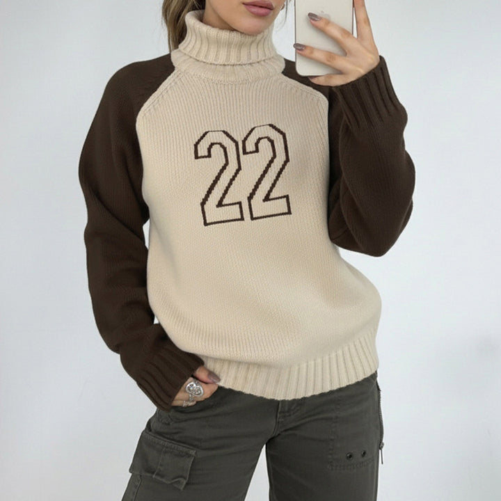 Damen Rollkragenpullover mit Raglanärmeln und Zahlen-Intarsia Drune