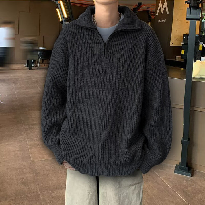 Herren Weicher Oversize-Rippenstrick-Pullover mit verdecktem Halbzip und Polokragen Drune