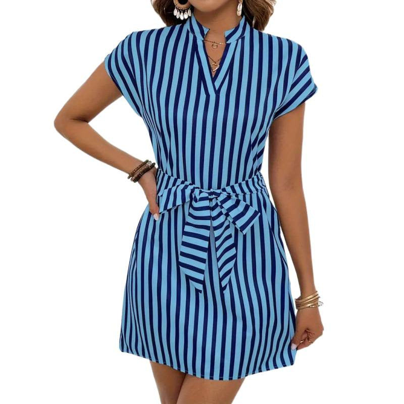 Damen Kurzarmkleid mit Gürtel und Streifenmuster Drune