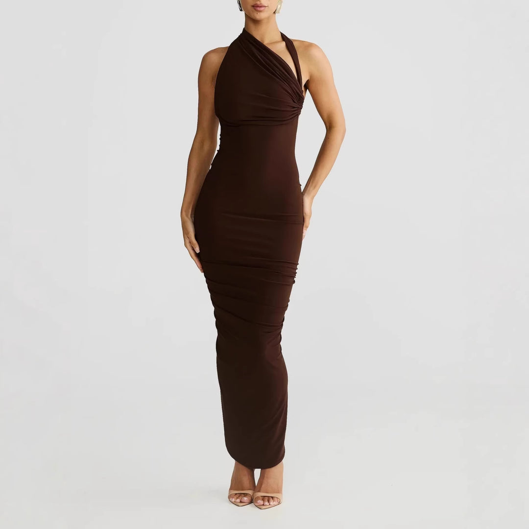 Damen Elegantes langes Wickelkleid mit schulterfreiem Design und gerafftem Oberteil Drune