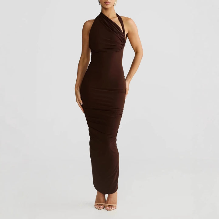 Damen Elegantes langes Wickelkleid mit schulterfreiem Design und gerafftem Oberteil Drune