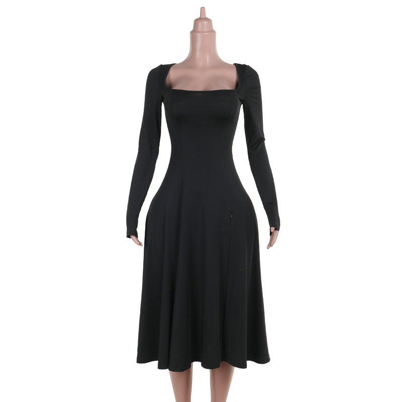 Damen Elegantes Langarmkleid mit quadratischem Ausschnitt und schwingendem Rock Drune