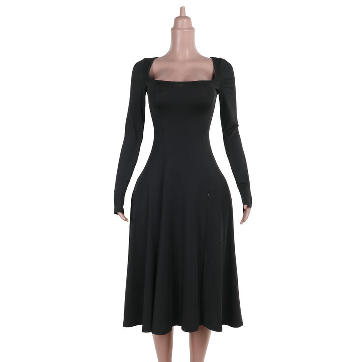 Damen Elegantes Langarmkleid mit quadratischem Ausschnitt und schwingendem Rock Drune